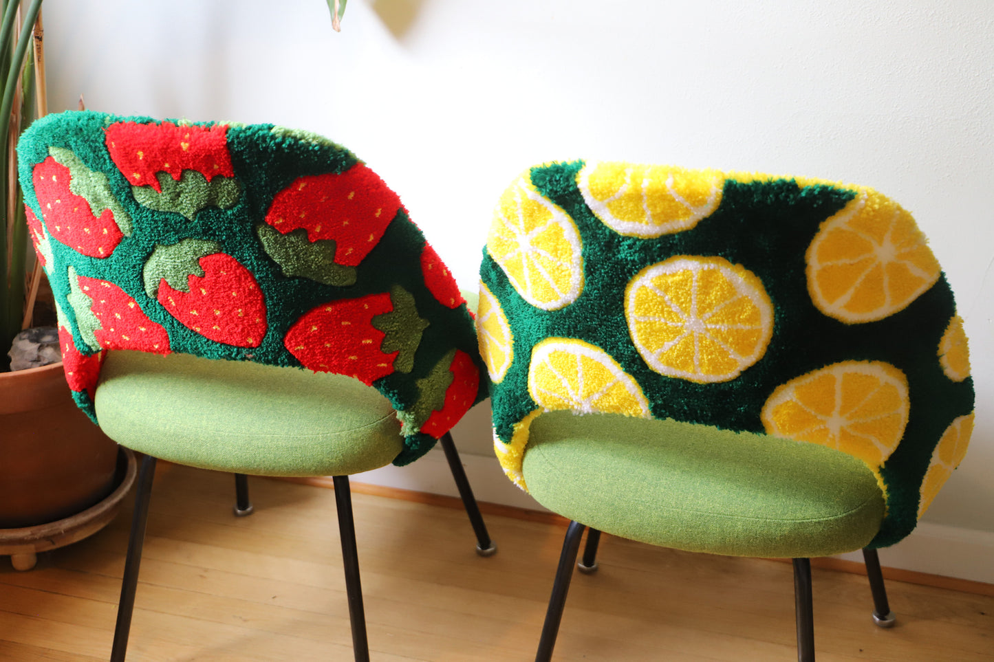 Tufted Strawberry and Lemon Saarinen Chairs