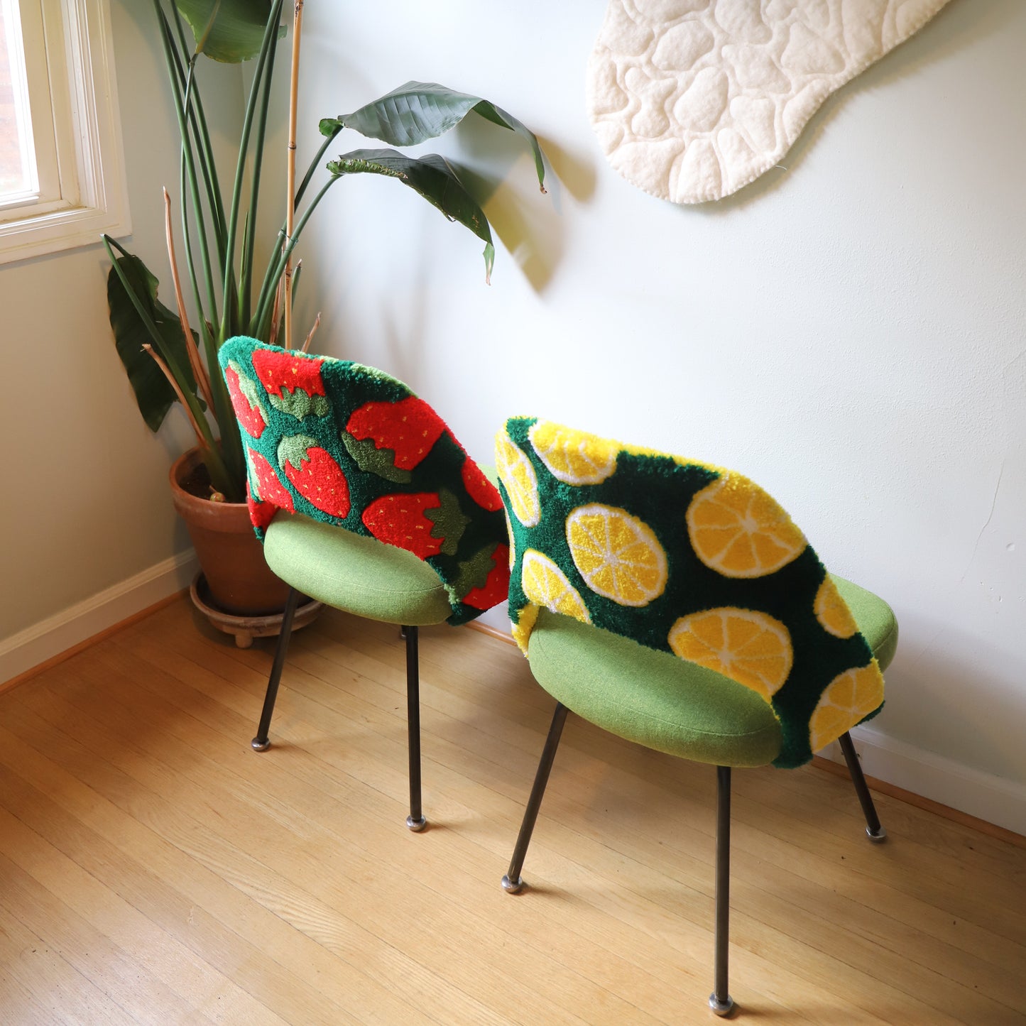 Tufted Strawberry and Lemon Saarinen Chairs