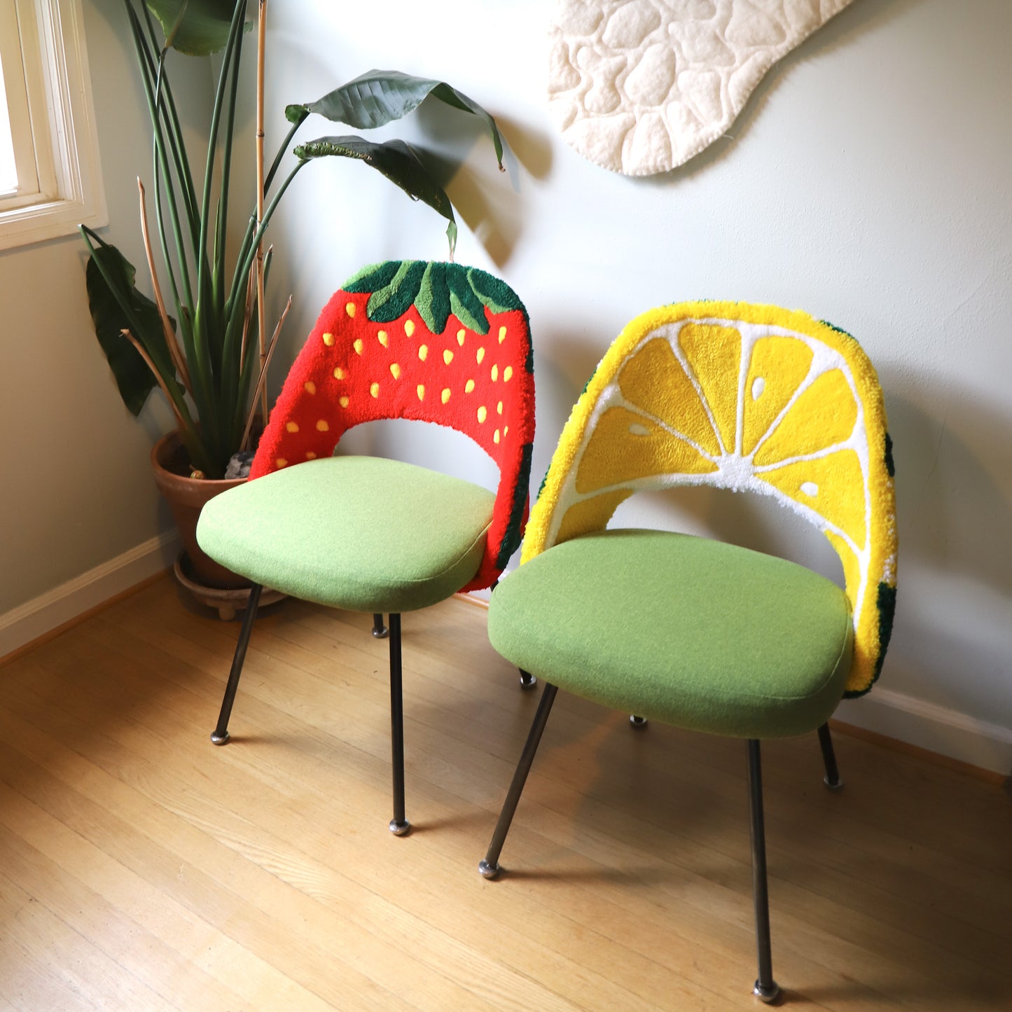 Tufted Strawberry and Lemon Saarinen Chairs